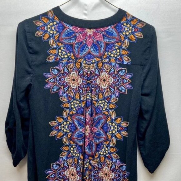 Cable & Gauge Long Tunic Women's Small Black Floral Print 3/4 Roll Tab Sleeves - Picture 4 of 11